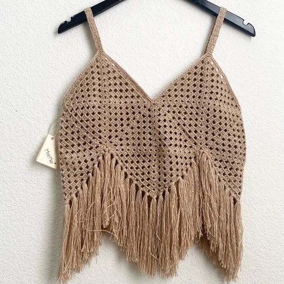 MIREMAR Natural Beige Tan Crochet Fringe Bohemian Boho Top One Size - Picture 6 of 15